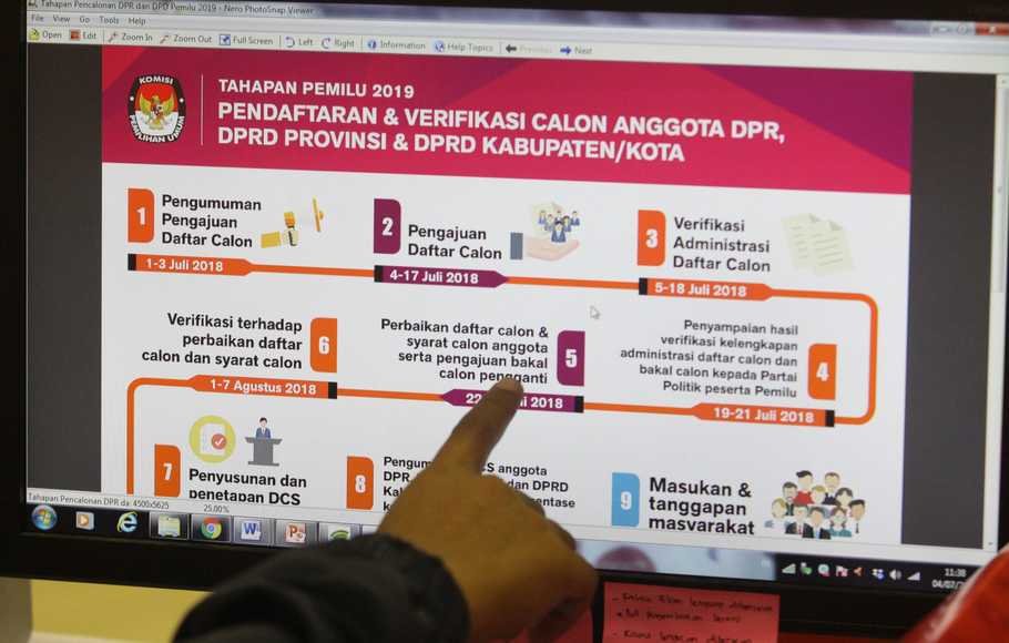 Petugas KPU memperlihatkan alur pendaftaran bakal calon Anggota Lesgislatif yang akan mendaftarkan diri  untuk caleg DPR RI di Gedung KPU RI, Jakarta,