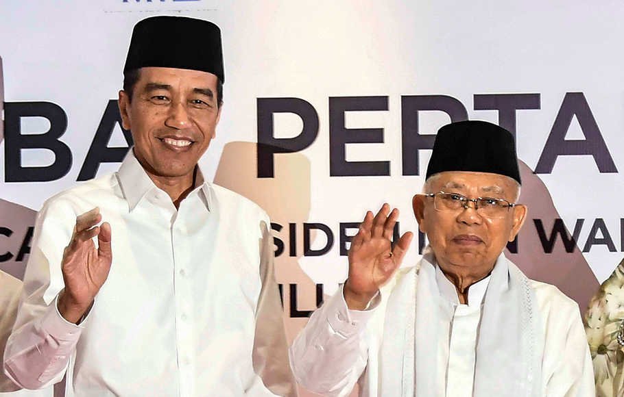 Capres-cawapres nomor urut 01 Joko Widodo-Ma'ruf Amin tiba untuk mengikuti debat pertama Pilpres 2019, di Hotel Bidakara, Jakarta, Kamis (17/1/2019).